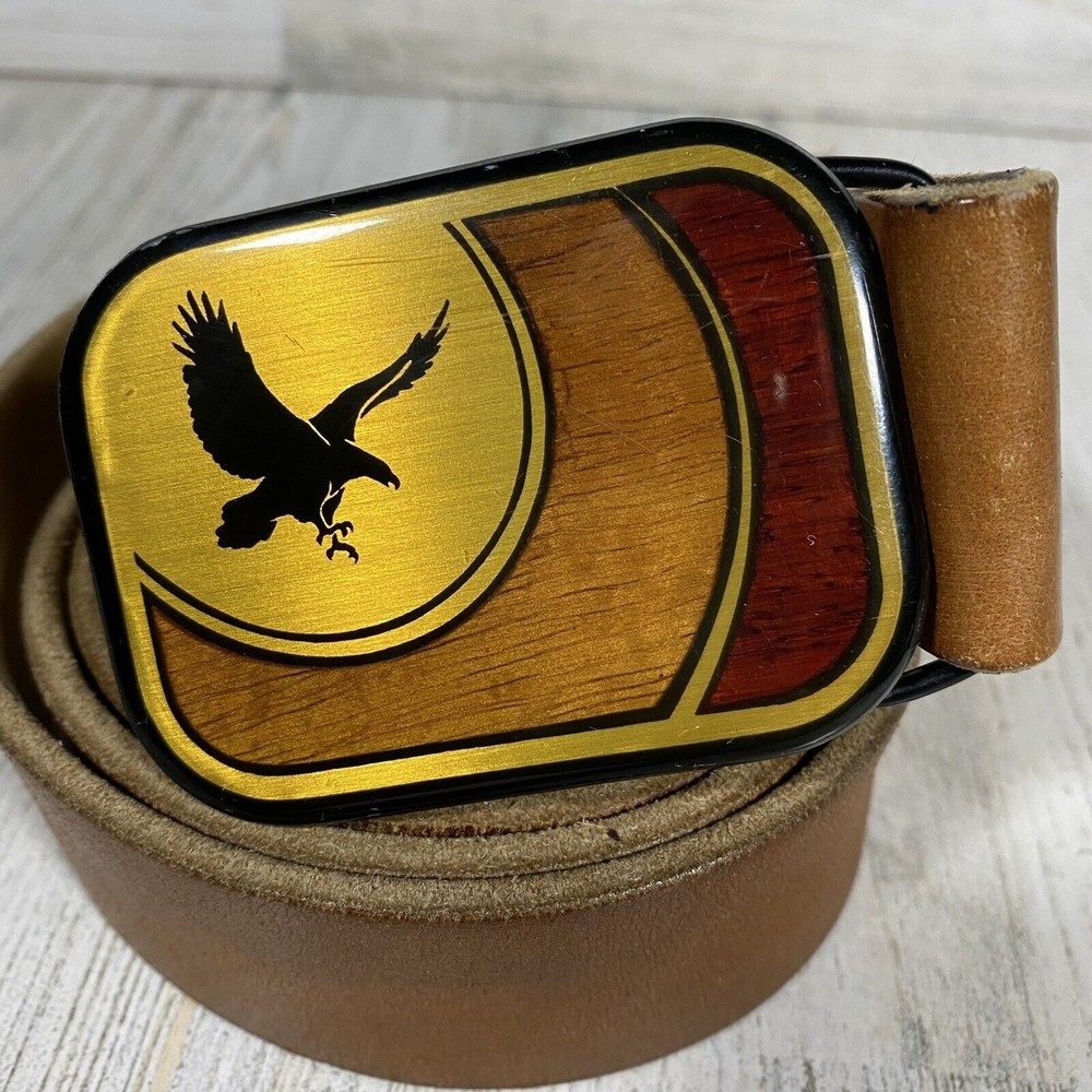Vtg Harmony Design Colorado USA Mens Belt Buckle Wood Inlaid Enamel Flying Eagle